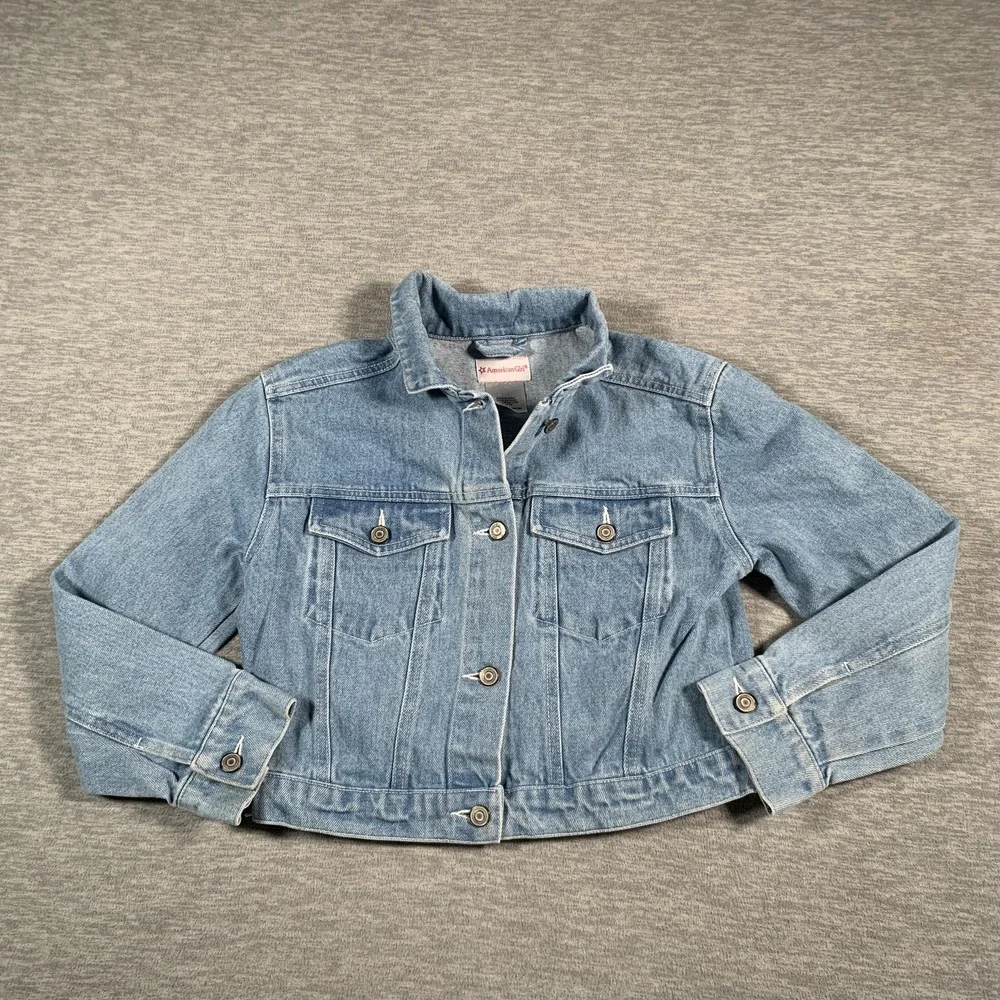 American Girl Jacket Girls Medium 10/12 Blue Denim Trucker Embroidered Floral‎